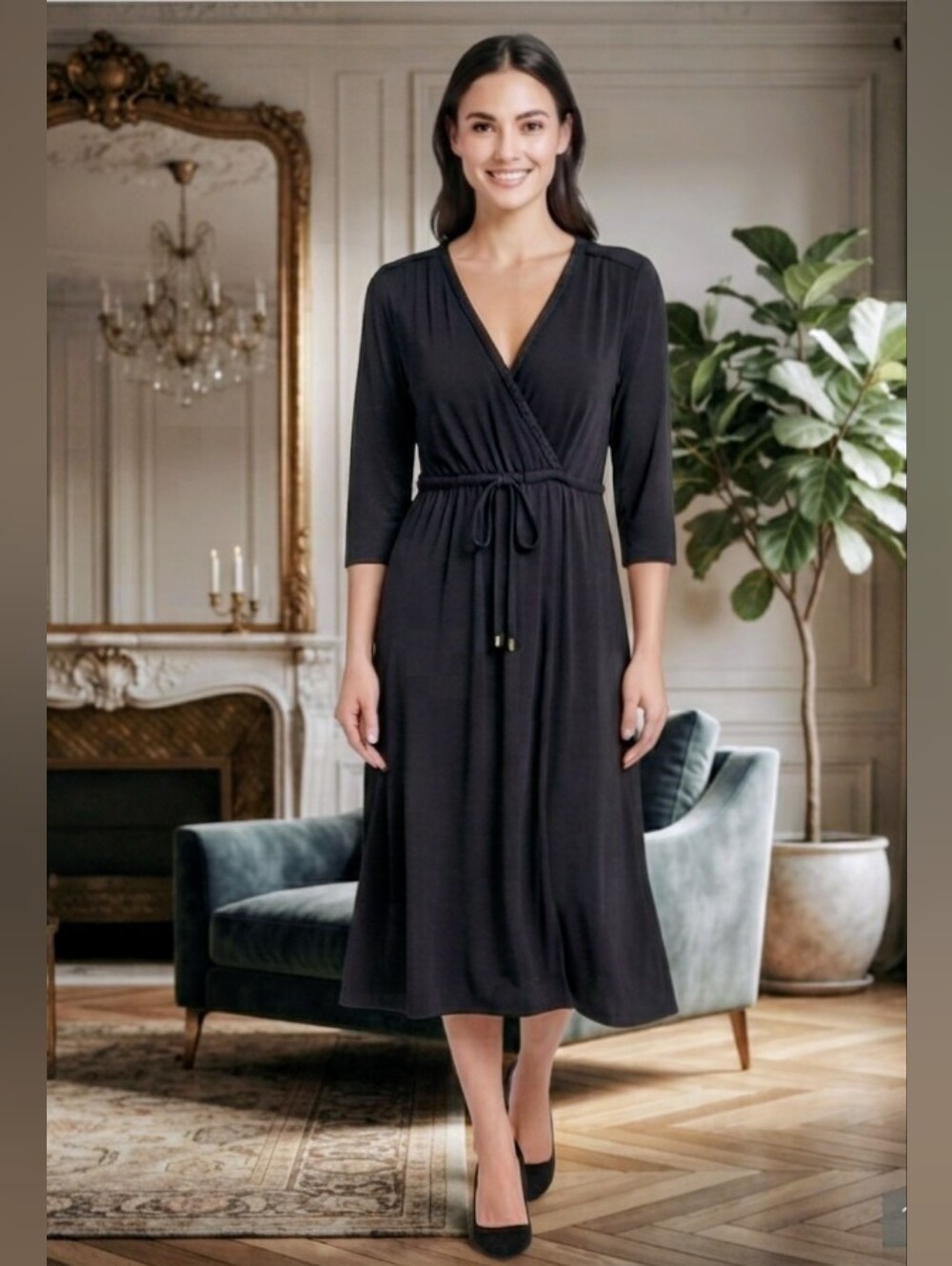 NWT Nicole Miller Original Black Braided Wrap Midi Dress Size Small S